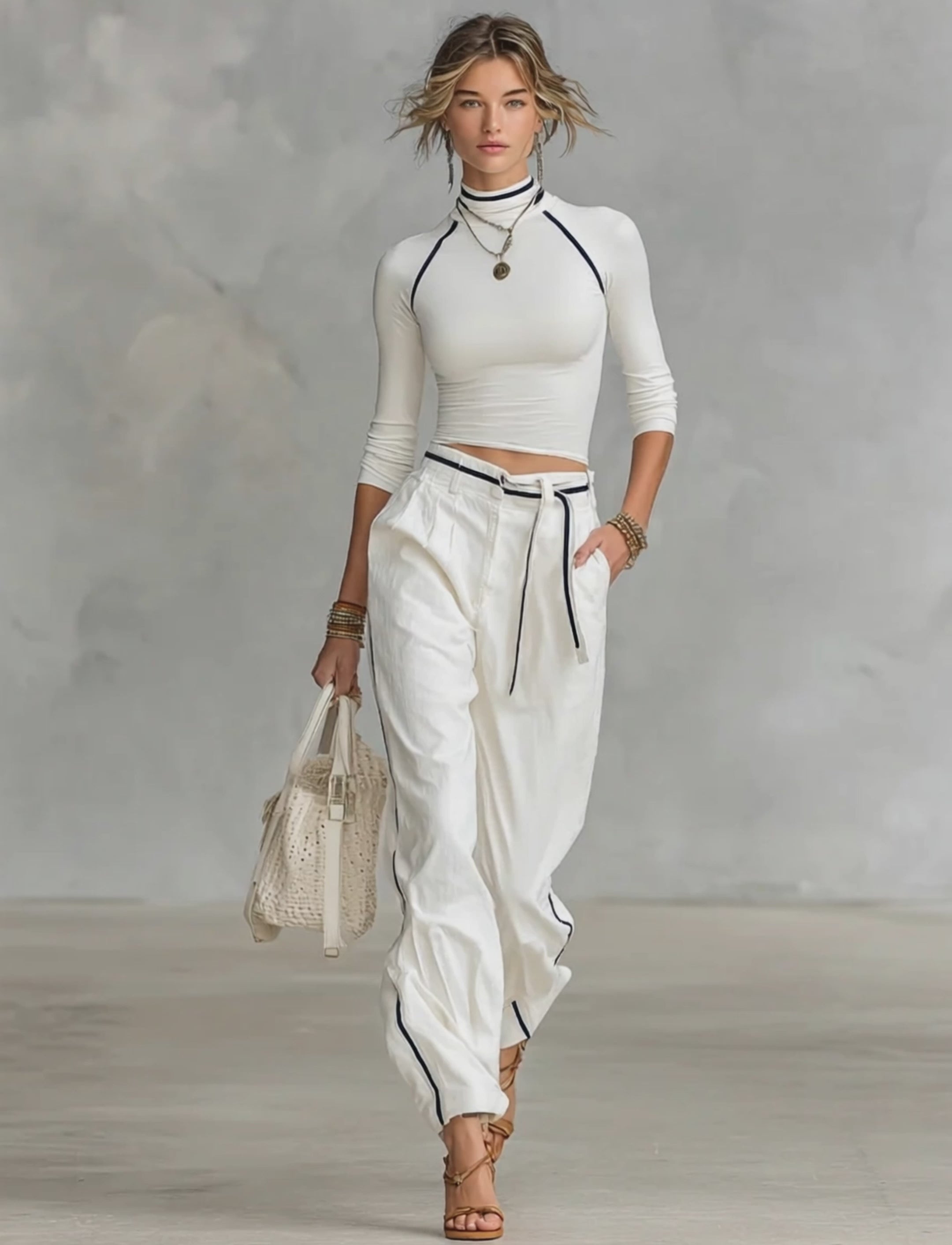 Women's Casual Half-high Collar Long-sleeved T-shirt Straight Pants Two-piece Set MDA2527G5Y